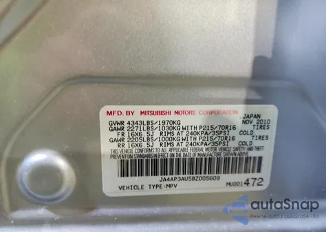 2011 Mitsubishi Outlander Sport Es z USA, uszkodzony, nr VIN JA4AP3AU5BZ005609